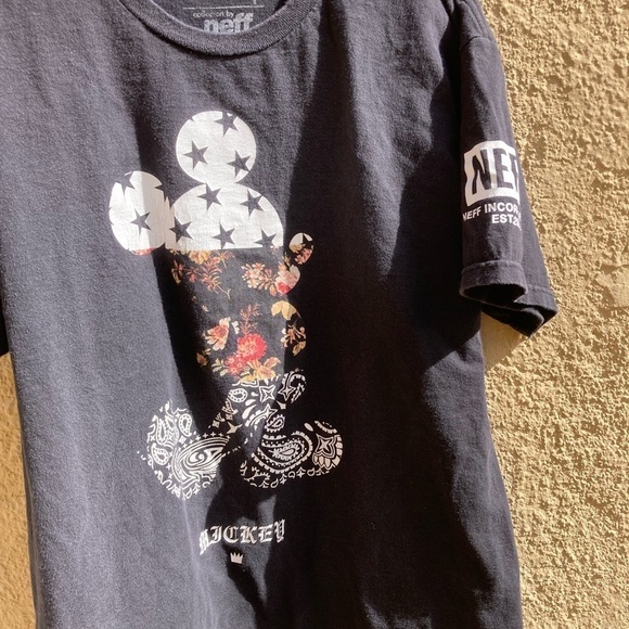 Men's Disney x Neff Black Mickey Mouse Silhouette T-Shirt L Cotton Floral Crew - Picture 13 of 13